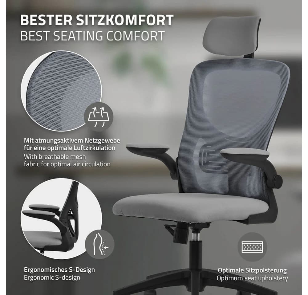 ML-DESIGN Bürostuhl Ergonomisch mit Verstellbarer Kopfstütze und Armlehnen Grau - Bild 5