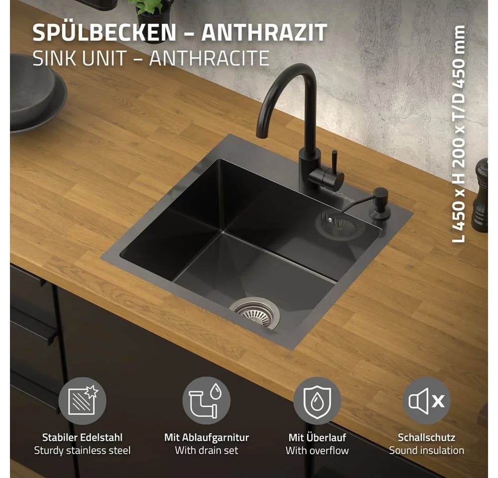 ML-DESIGN Küchenspüle Edelstahl 45x45 cm Anthrazit