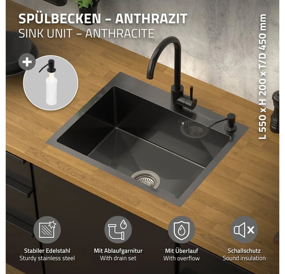 ML-DESIGN Küchenspüle Edelstahl Anthrazit mit Überlauf & Seifenspender