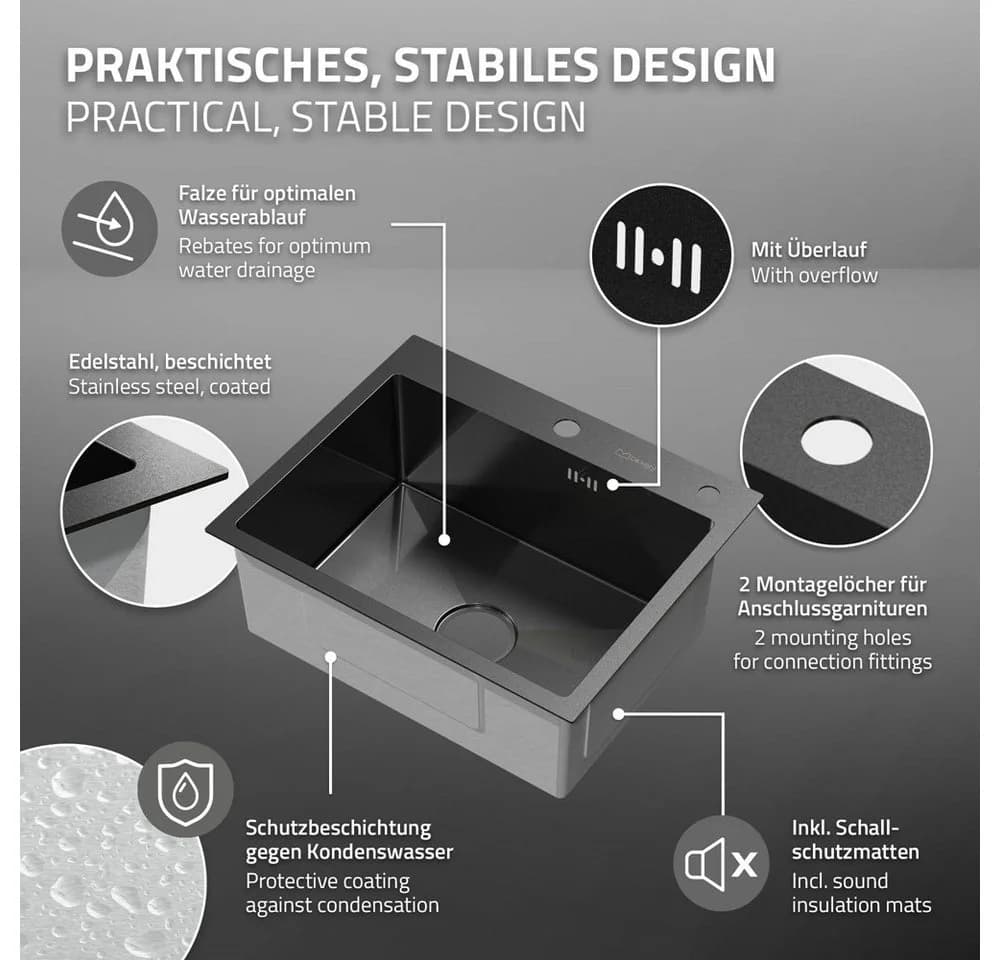 ML-DESIGN Küchenspüle Edelstahl Anthrazit mit Überlauf & Seifenspender - Bild 3