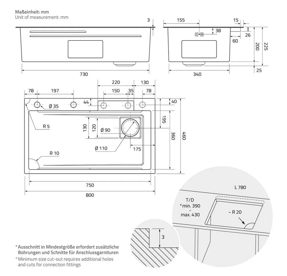 ML-DESIGN Küchenspüle Edelstahl Komplettset mit Wasserhahn Anthrazit