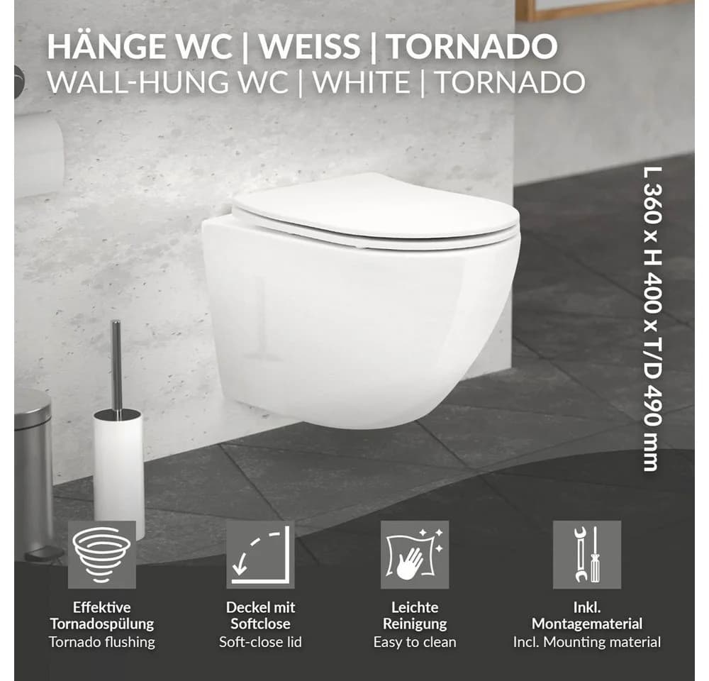LuxeBath Hänge-WC spülrandlos Weiß mit Softclose-Sitz