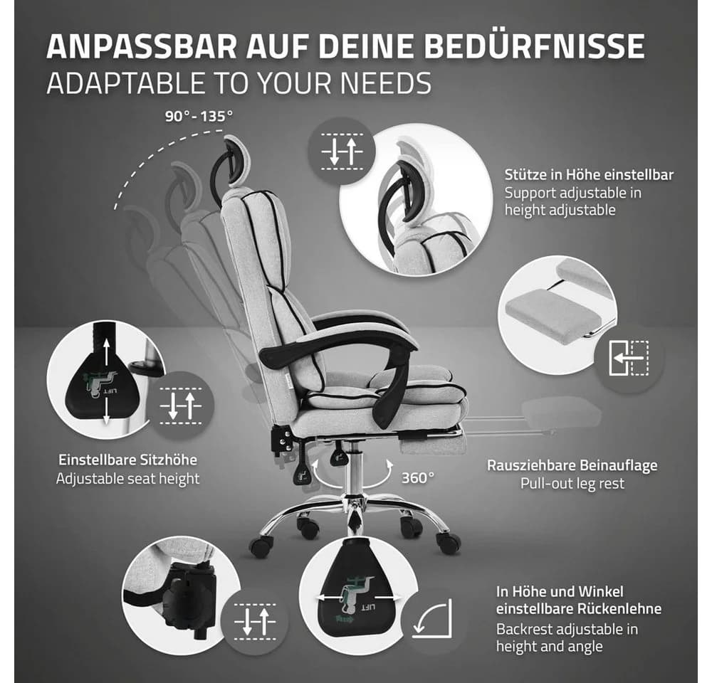 ML-DESIGN Bürostuhl Hellgrau mit Fußstütze und Neigungsfunktion - Bild 4