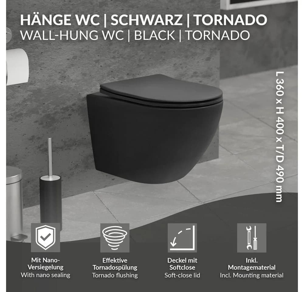 LuxeBath Tiefspül-WC Spülrandloses Hänge-WC Keramik Nano Beschichtung Tornadospülung