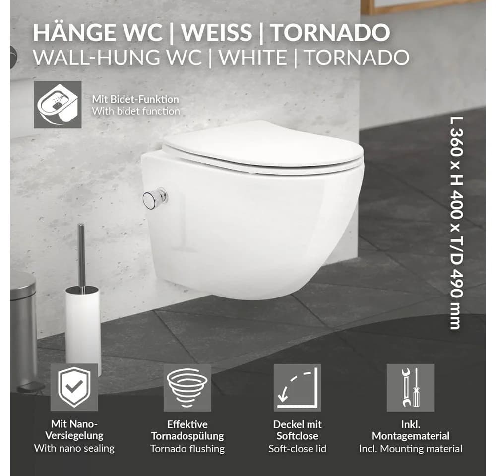 LuxeBath Hänge-WC spülrandlos mit Bidet-Funktion und Nano-Beschichtung