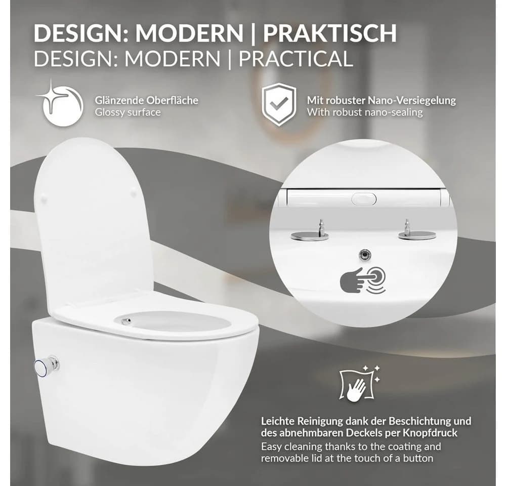 LuxeBath Hänge-WC spülrandlos mit Bidet-Funktion und Nano-Beschichtung - Bild 3