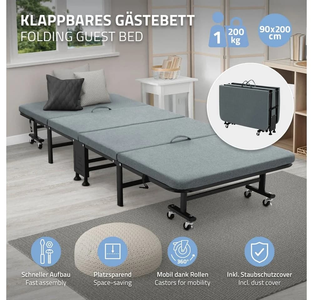 ECD Germany Klappbett 90x200cm Metallgestell mit Rollen