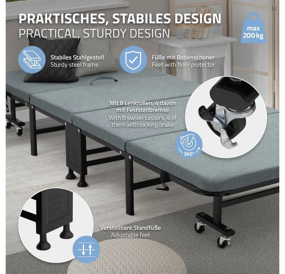 ECD Germany Klappbett 90x200cm Metallgestell mit Rollen - Bild 3