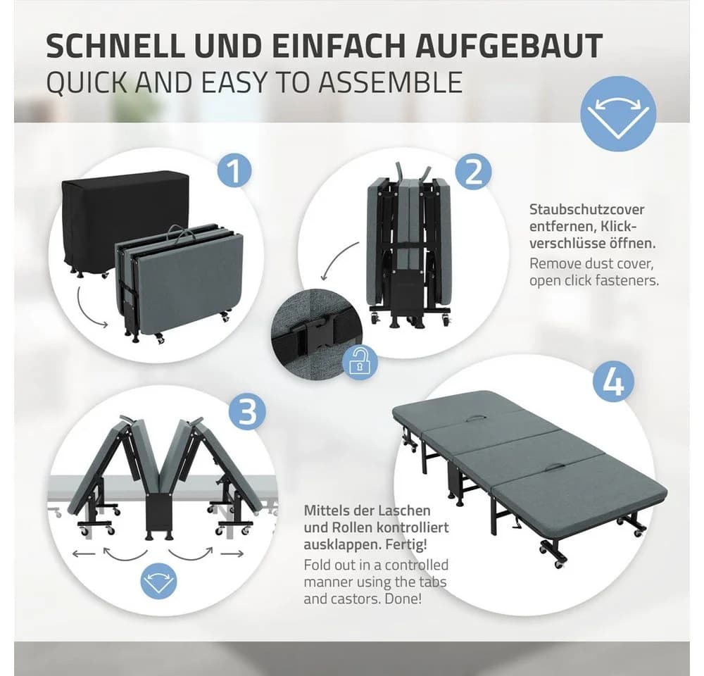 ECD Germany Klappbett 90x200cm Metallgestell mit Rollen - Bild 4