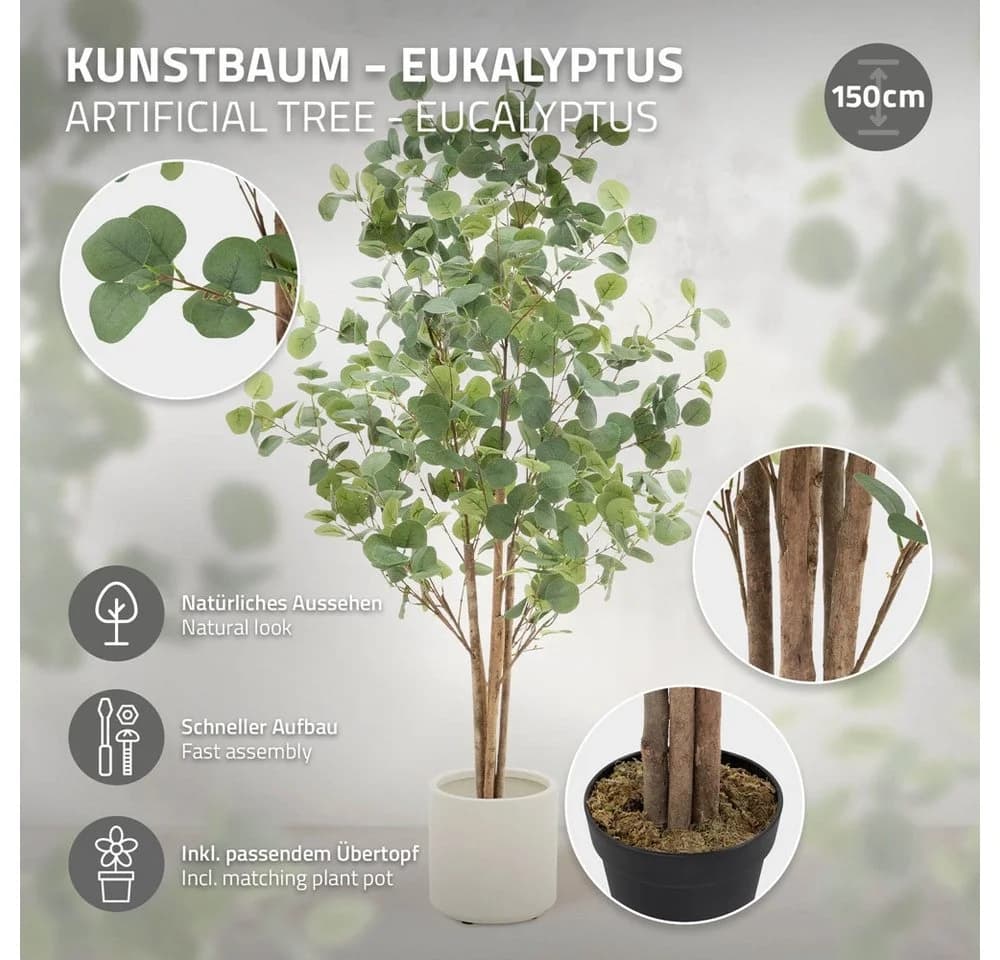 Kunstpflanze Künstliche Pflanze für Wohnräume & Garten dekorative Zimmerpflanze, ML-DESIGN, Höhe 150 cm, Kunstbaum Eukalyptus für Innen & Außen mit Echtem Moos & Echtholzstamm - Bild 3