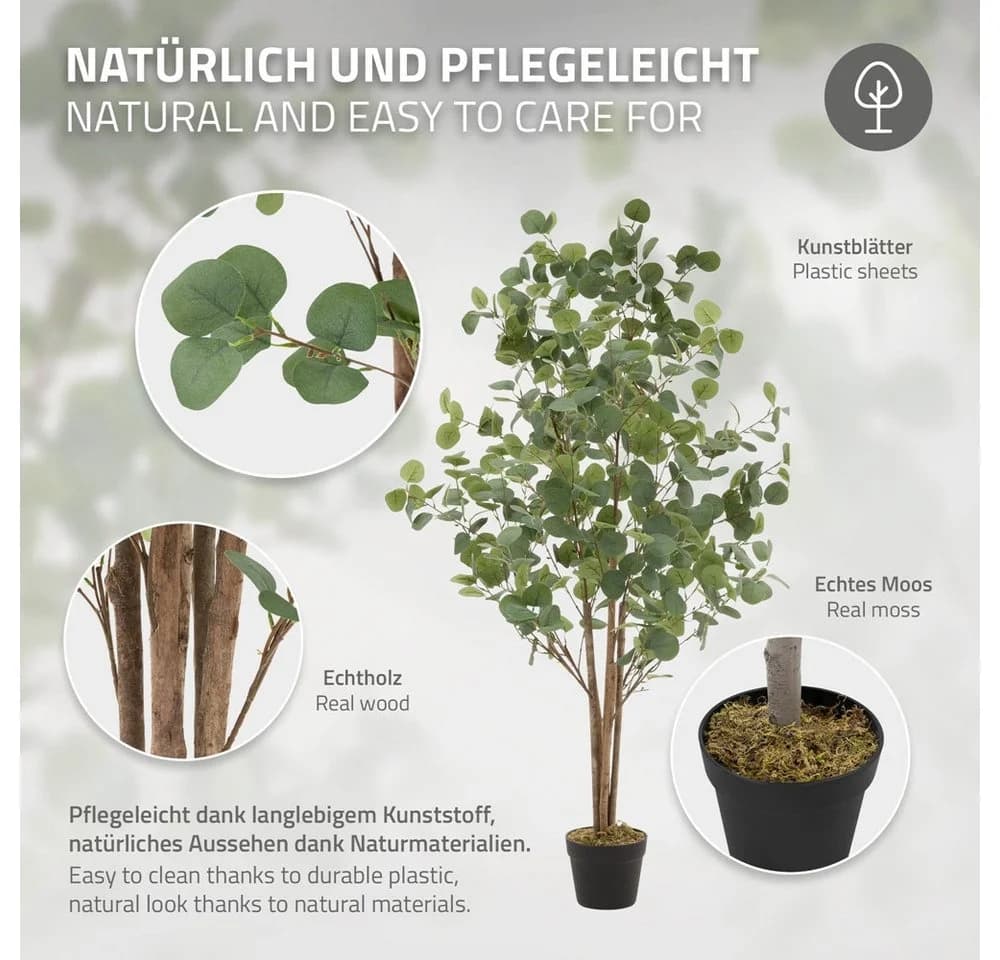 Kunstpflanze Künstliche Pflanze für Wohnräume & Garten dekorative Zimmerpflanze, ML-DESIGN, Höhe 150 cm, Kunstbaum Eukalyptus für Innen & Außen mit Echtem Moos & Echtholzstamm - Bild 4