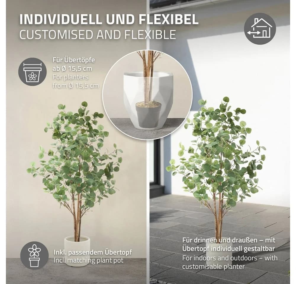 Kunstpflanze Künstliche Pflanze für Wohnräume & Garten dekorative Zimmerpflanze, ML-DESIGN, Höhe 150 cm, Kunstbaum Eukalyptus für Innen & Außen mit Echtem Moos & Echtholzstamm - Bild 5