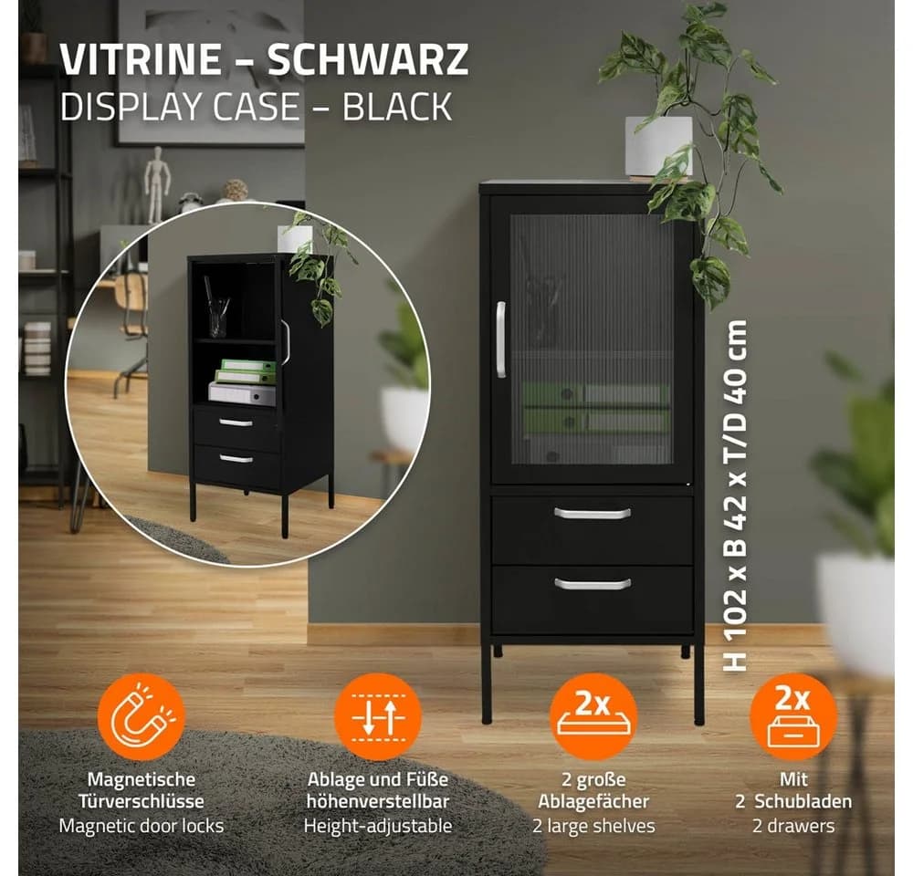 ML-DESIGN Vitrinenschrank Schwarz Silber Stahl mit Schubladen