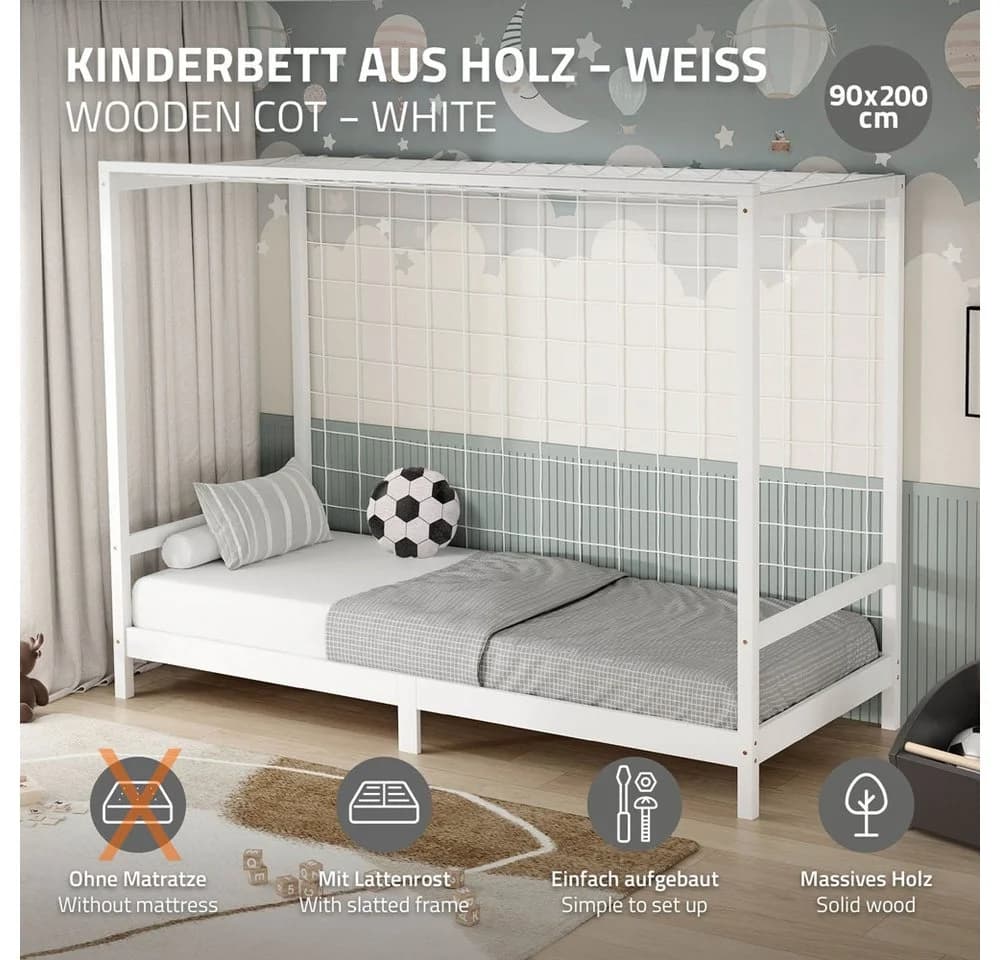 ML-DESIGN Spielbett Fußballtor Weiß mit Lattenrost & Tornetz