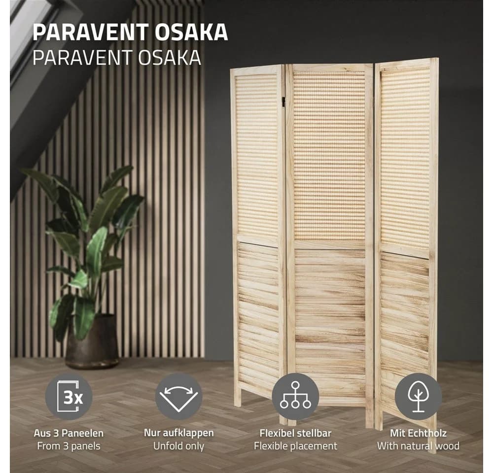 ML-DESIGN Paravent Raumteiler 3-teilig Beige Naturholz