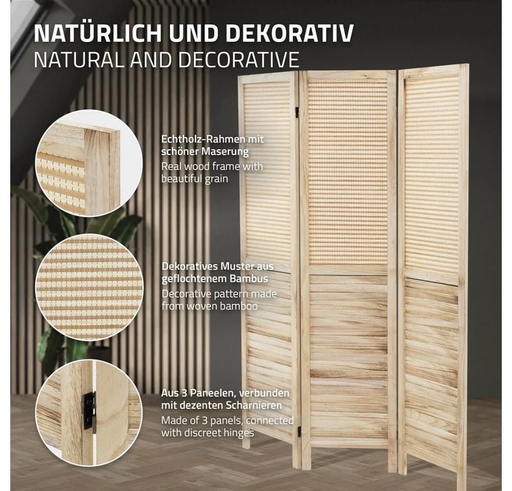 ML-DESIGN Paravent Raumteiler 3-teilig Beige Naturholz - Bild 4