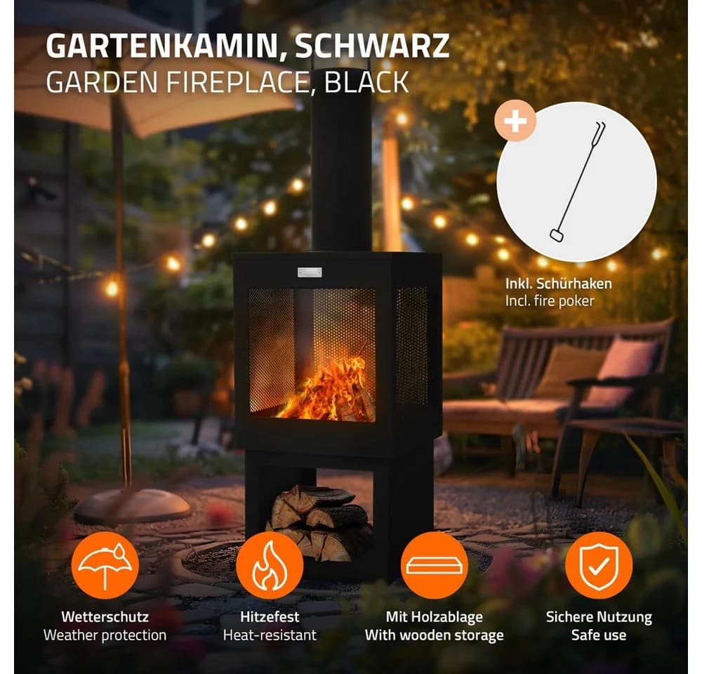 ML-DESIGN Gartenkamin mit Schornstein Schwarz Stahl