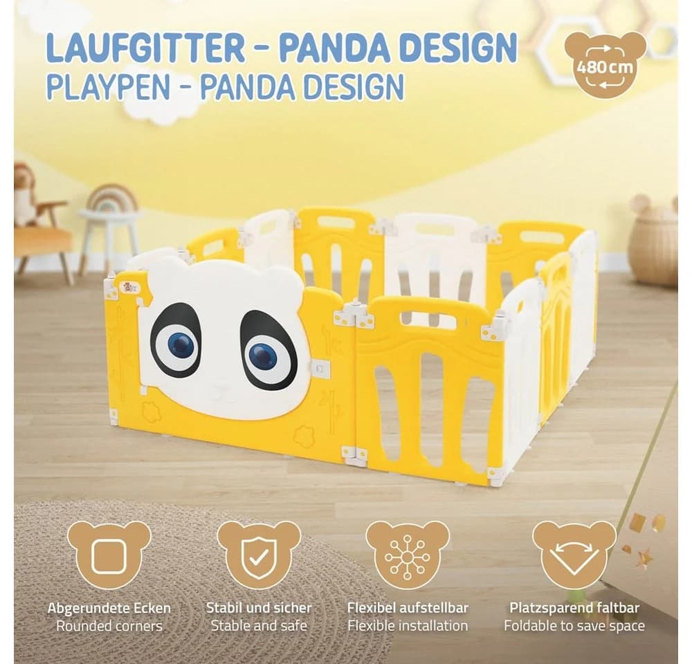 Joyz Laufgitter Panda Design Faltbar Weiß-Gelb