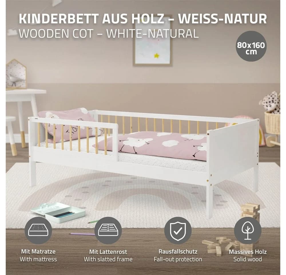 ML-DESIGN Kinderbett mit Matratze und Lattenrost Weiß/Natur