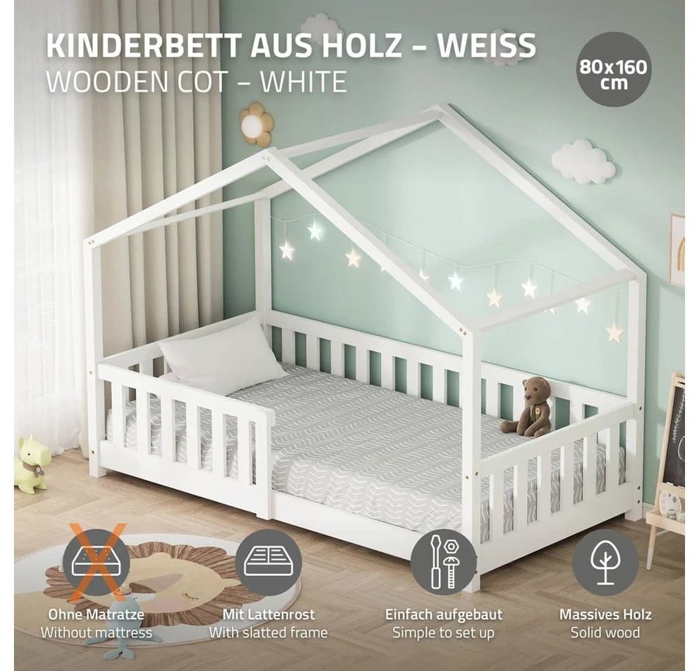 ML-DESIGN Kinderbett Hausbett Weiß Kiefernholz