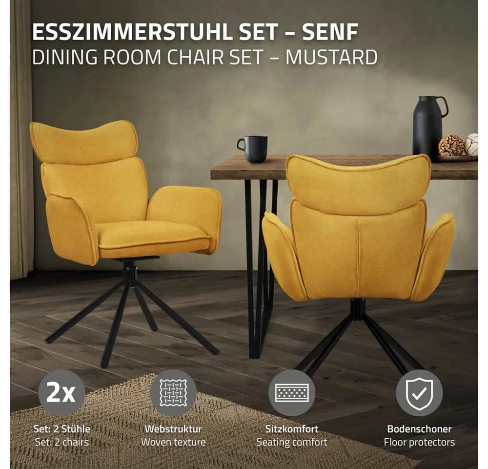 ML-DESIGN Polsterstuhl 2er Set Senf 360° Drehbar mit Armlehne