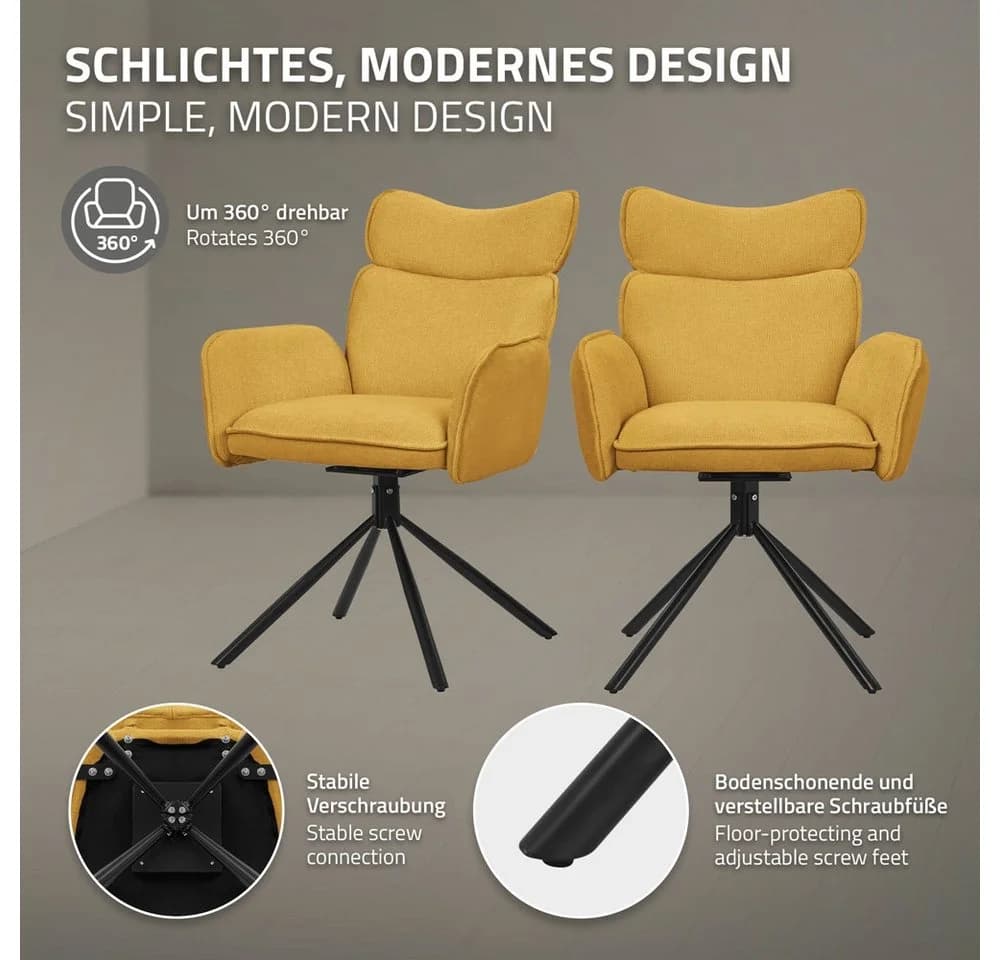 ML-DESIGN Polsterstuhl 2er Set Senf 360° Drehbar mit Armlehne - Bild 3