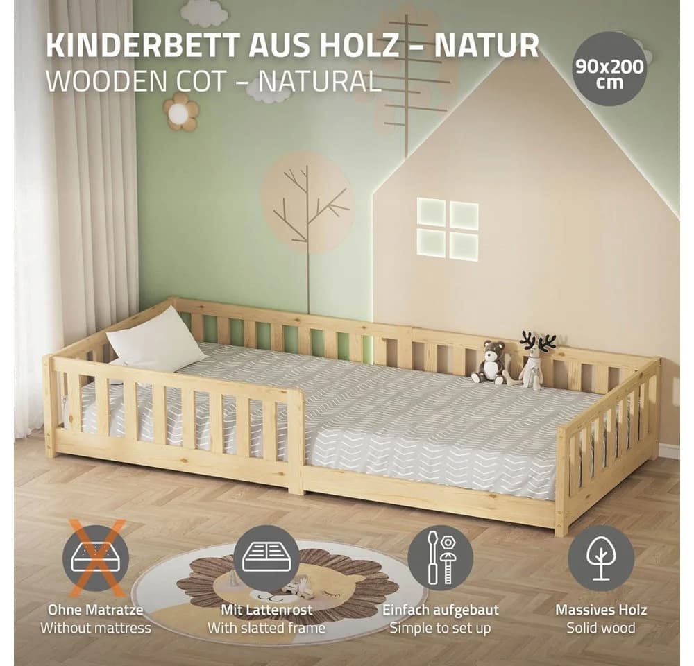 ML-DESIGN Kinderbett mit Rausfallschutz Kiefernholz Natur 90x200cm