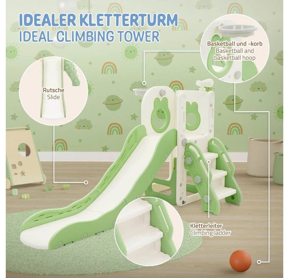 Joyz Rutsche Spielzeug Set 3in1 mit Rutsche und Basketballkorb Weiß-Grün - Bild 5
