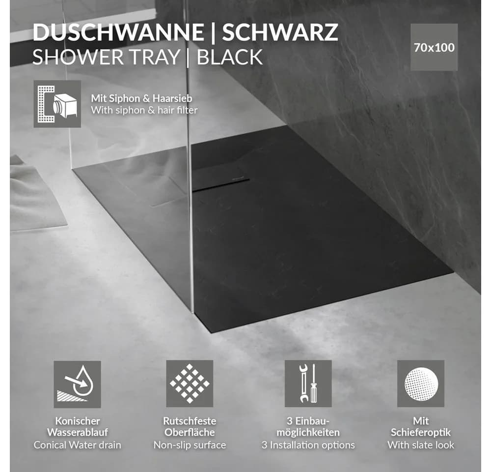LuxeBath Duschwanne 100x70 cm Schwarz mit Ablaufgarnitur