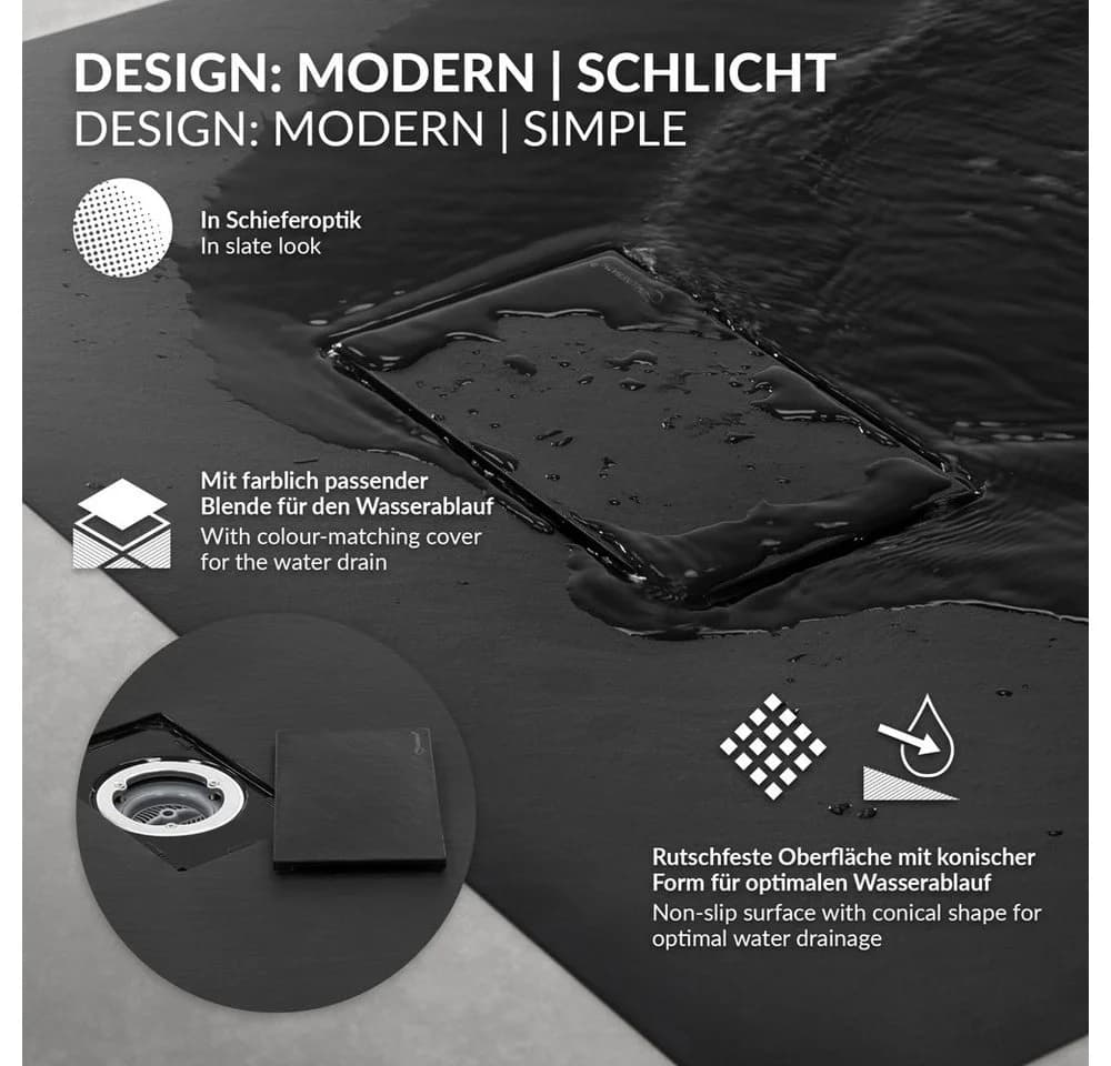 LuxeBath Duschwanne 100x70 cm Schwarz mit Ablaufgarnitur - Bild 3