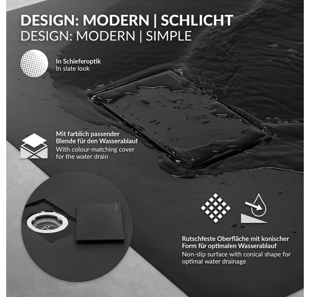 LuxeBath Duschwanne 80x80cm Schwarz mit Ablaufgarnitur - Bild 3