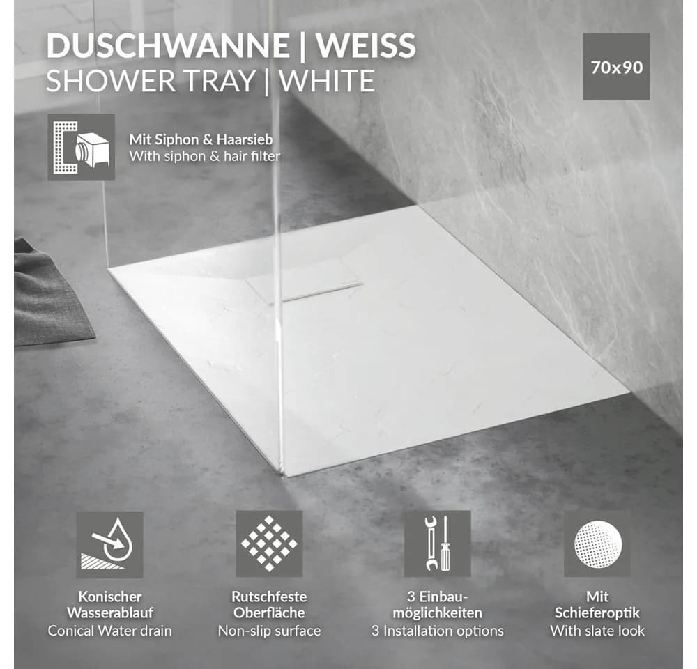LuxeBath Duschwanne 90x70 cm Weiß mit Ablaufgarnitur