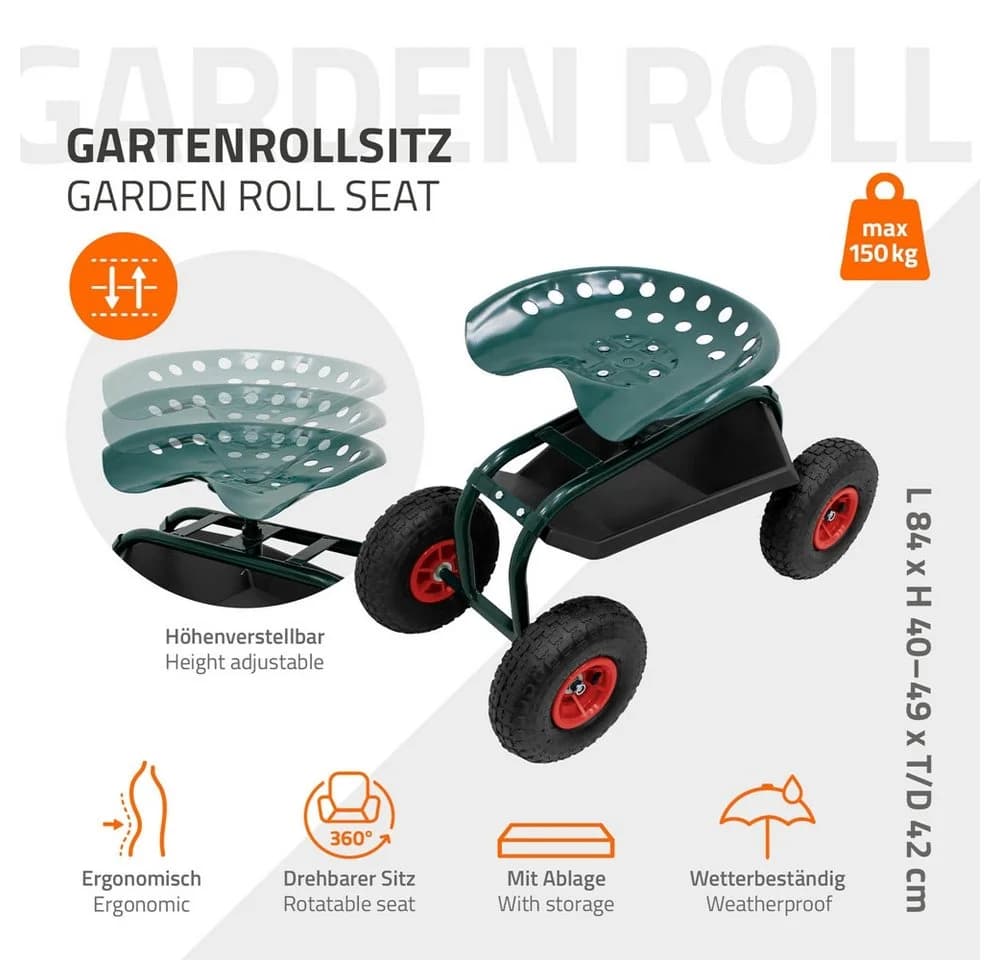 ECD Germany Gartenrollsitz 360° drehbar und höhenverstellbar bis 150 kg, Gartenwagen aus Stahl