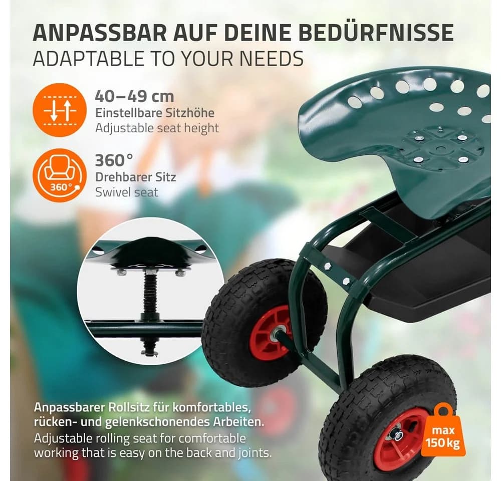 ECD Germany Gartenrollsitz 360° drehbar und höhenverstellbar bis 150 kg, Gartenwagen aus Stahl - Bild 4