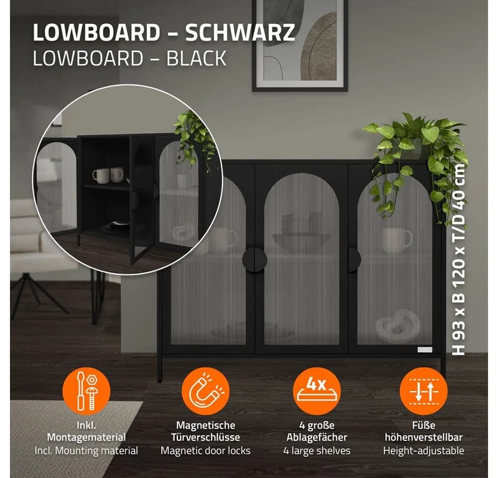 ML-DESIGN Vitrinenschrank 3-Türig Schwarz Stahl mit Stauraum