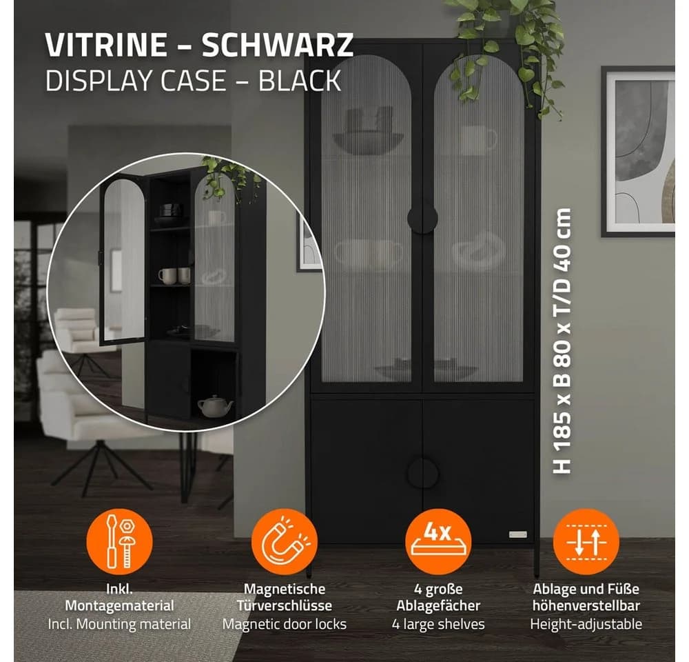 ML-DESIGN Vitrinenschrank Stahl Schwarz 4 Türen