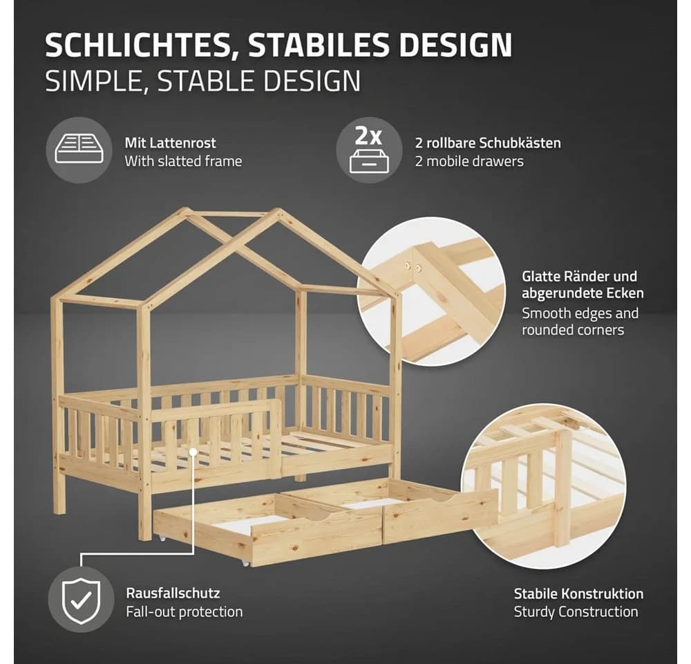 ML-DESIGN Kinderbett Hausbett mit Schubladen und Matratze Natur - Bild 4