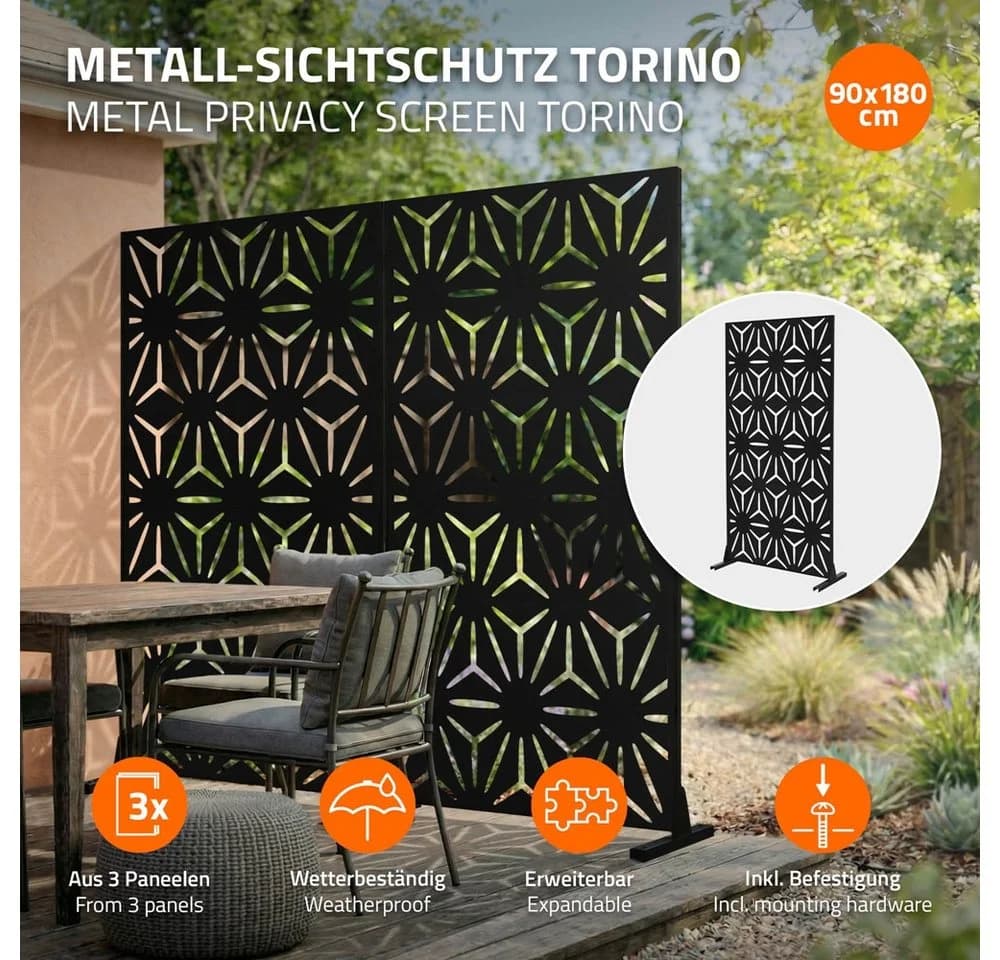 ML-DESIGN Metall-Sichtschutz Paravent 3 Paneele 90x180cm Stahl Schwarz
