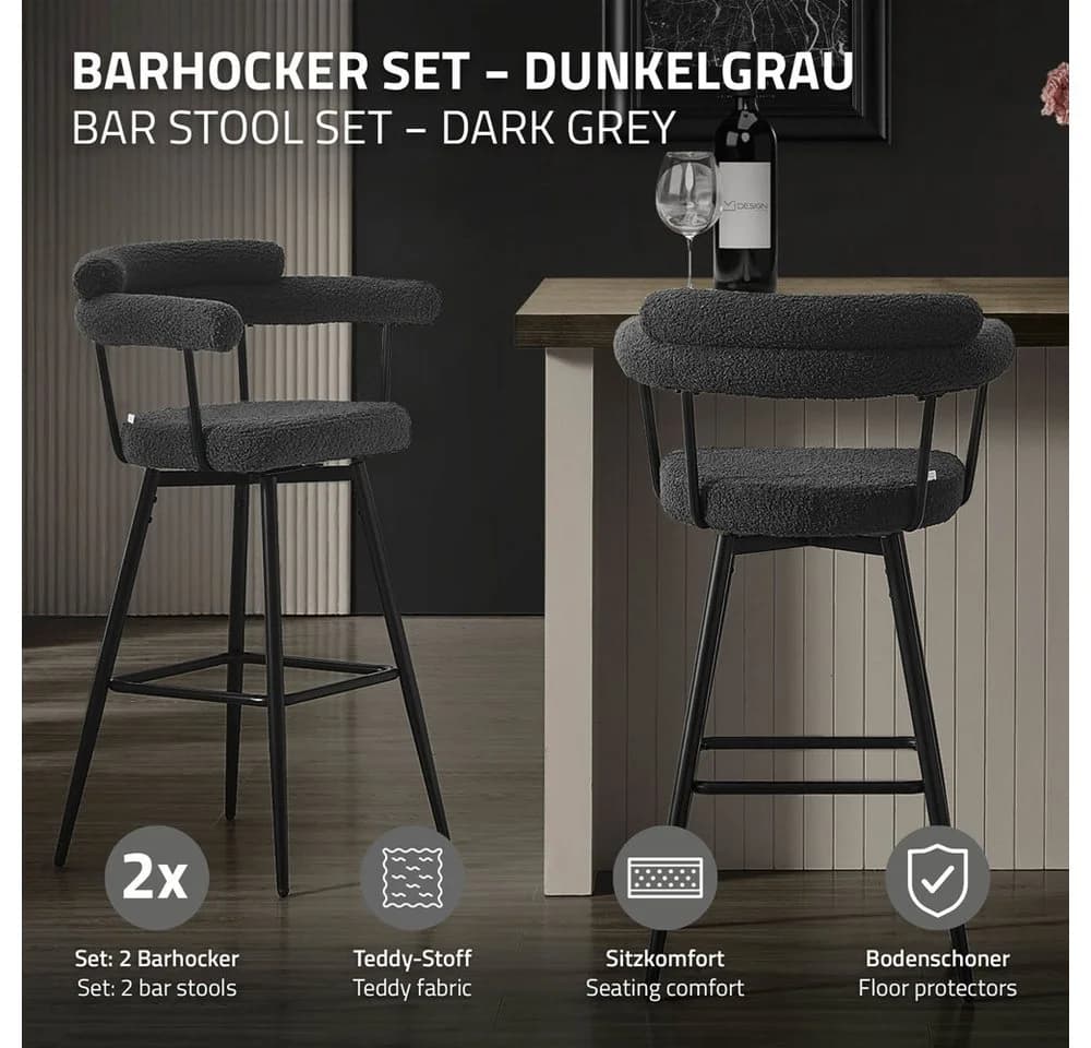 ML-DESIGN Barhocker 2er Set Gepolstert Dunkelgrau 360° drehbar