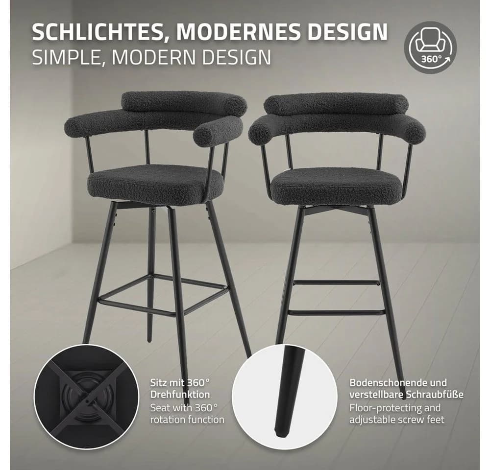 ML-DESIGN Barhocker 2er Set Gepolstert Dunkelgrau 360° drehbar - Bild 3