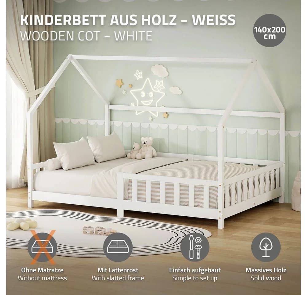 ML-DESIGN Kinderbett Weiß mit Rausfallschutz & Lattenrost