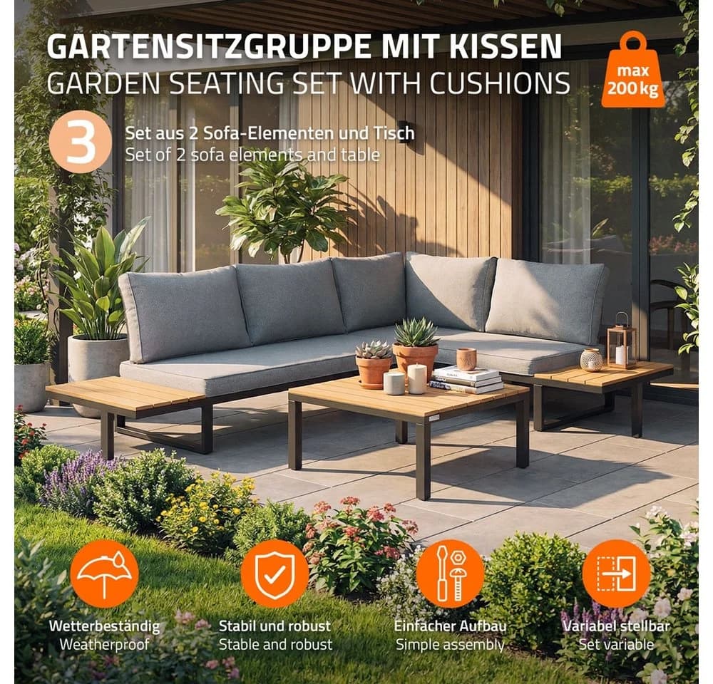 ML-DESIGN Gartenlounge-Set 3 tlg - Ecksofa mit Kissen