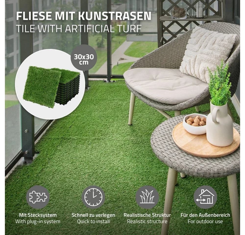 ML-DESIGN Kunstrasen-Platten Grün mit Klicksystem & Drainage