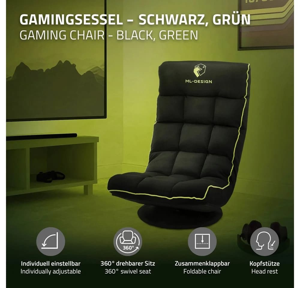 ML-DESIGN Gaming Bodenstuhl Schwarz-Grün 360° drehbar verstellbar