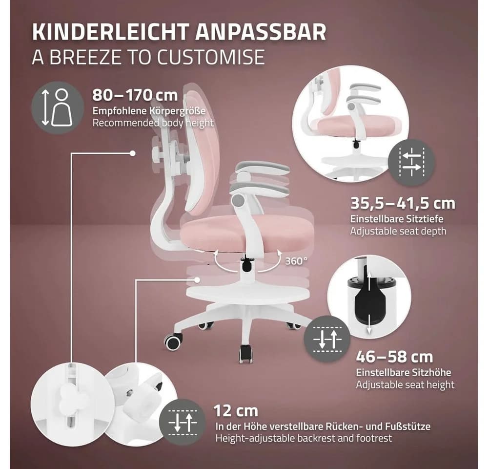 ML-DESIGN Kinder-Schreibtischstuhl Rosa Höhenverstellbar mit Armlehnen - Bild 4