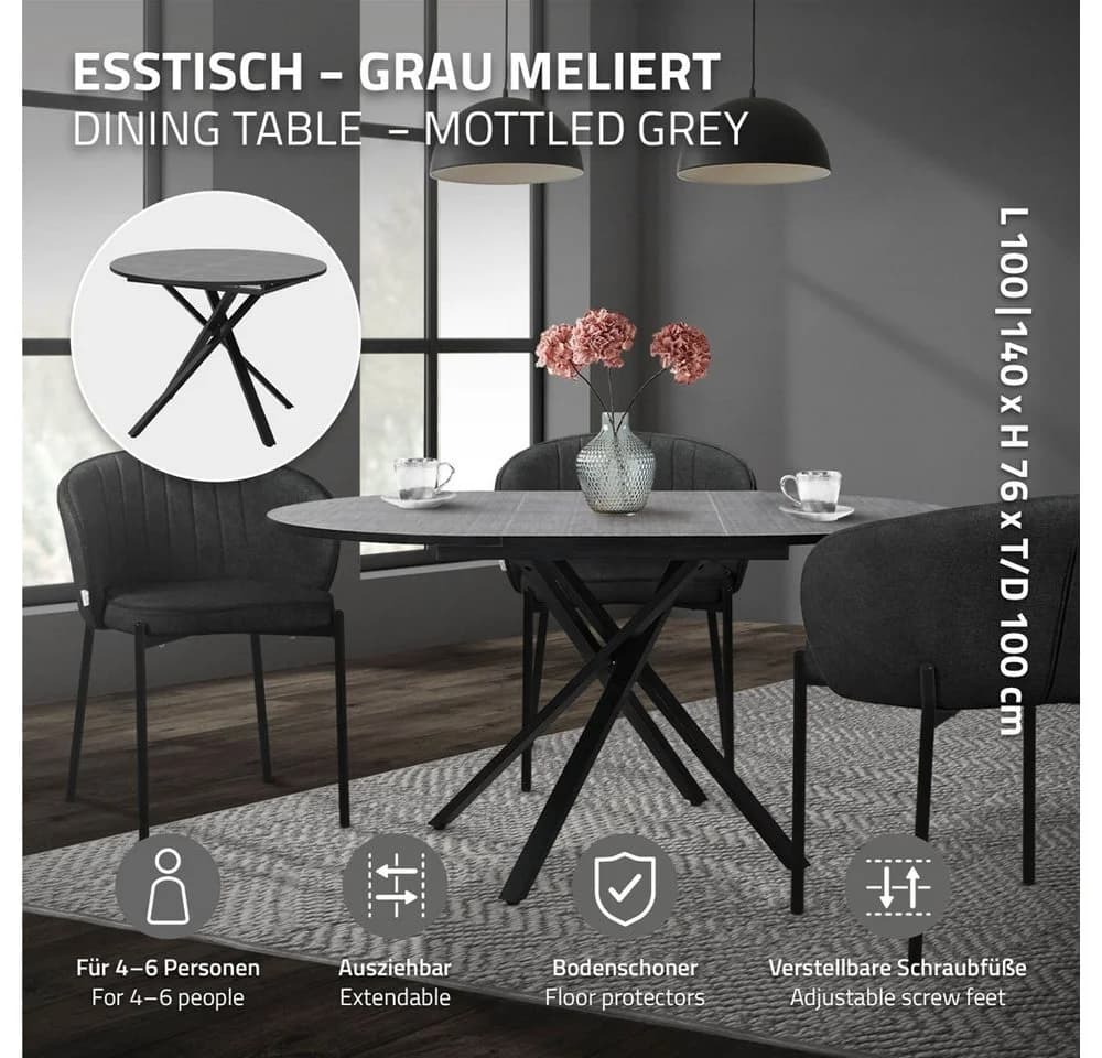 ML-DESIGN Ausziehbarer Esstisch Grau Meliert mit Stahlgestell