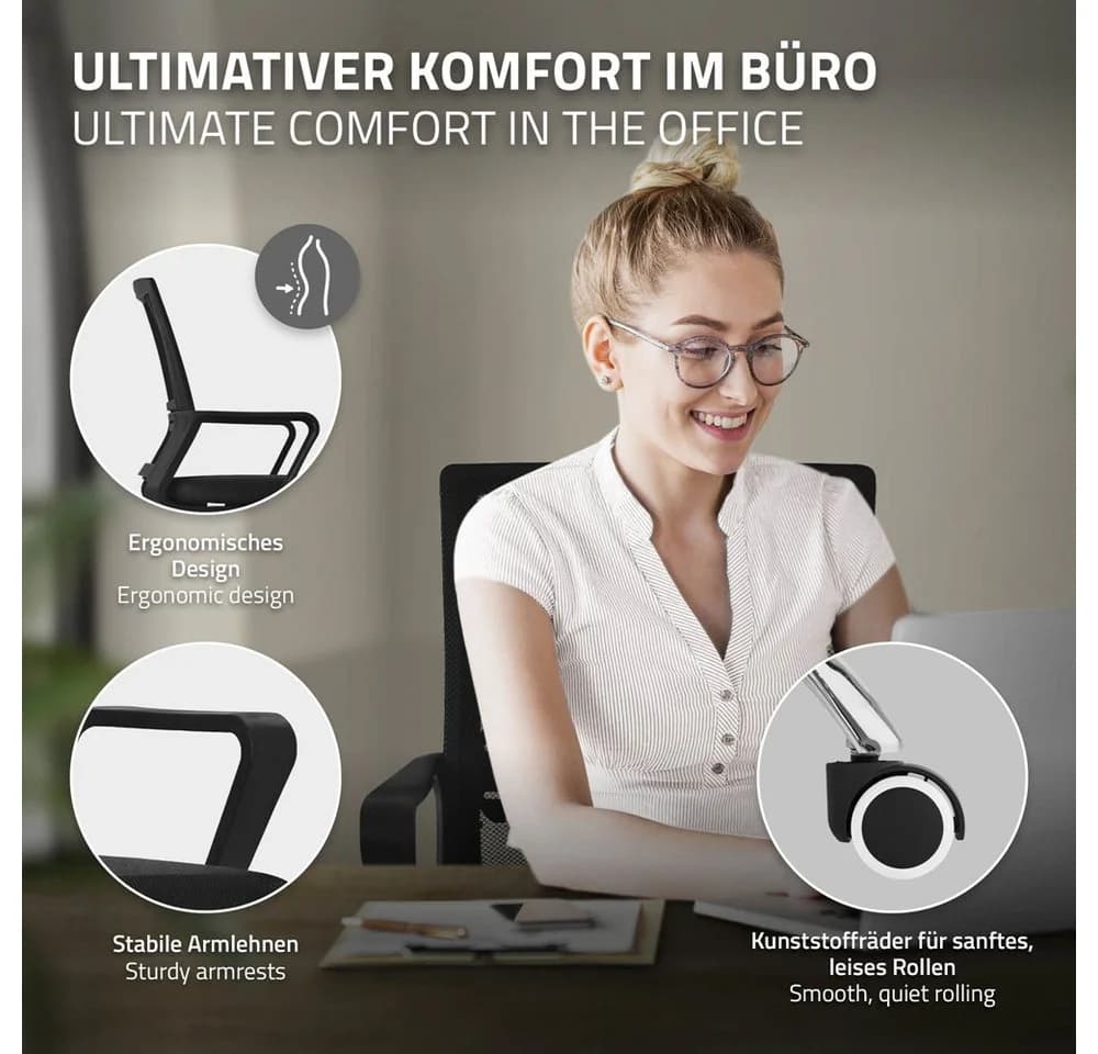 ML-DESIGN Bürostuhl Schwarz mit Netz-Rückenlehne & Armlehnen - Bild 3