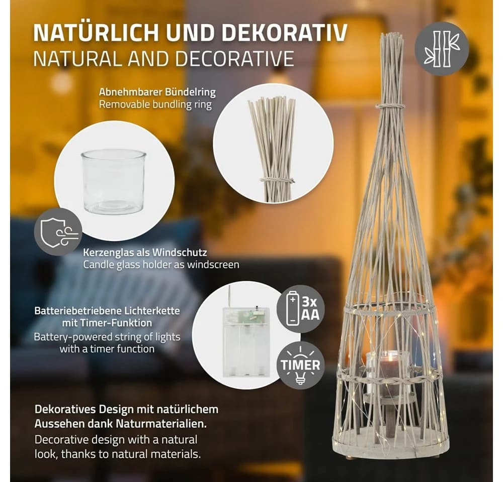 ECD Germany Bambus Laterne mit Kerzenglas & LED-Lichterkette - Bild 3