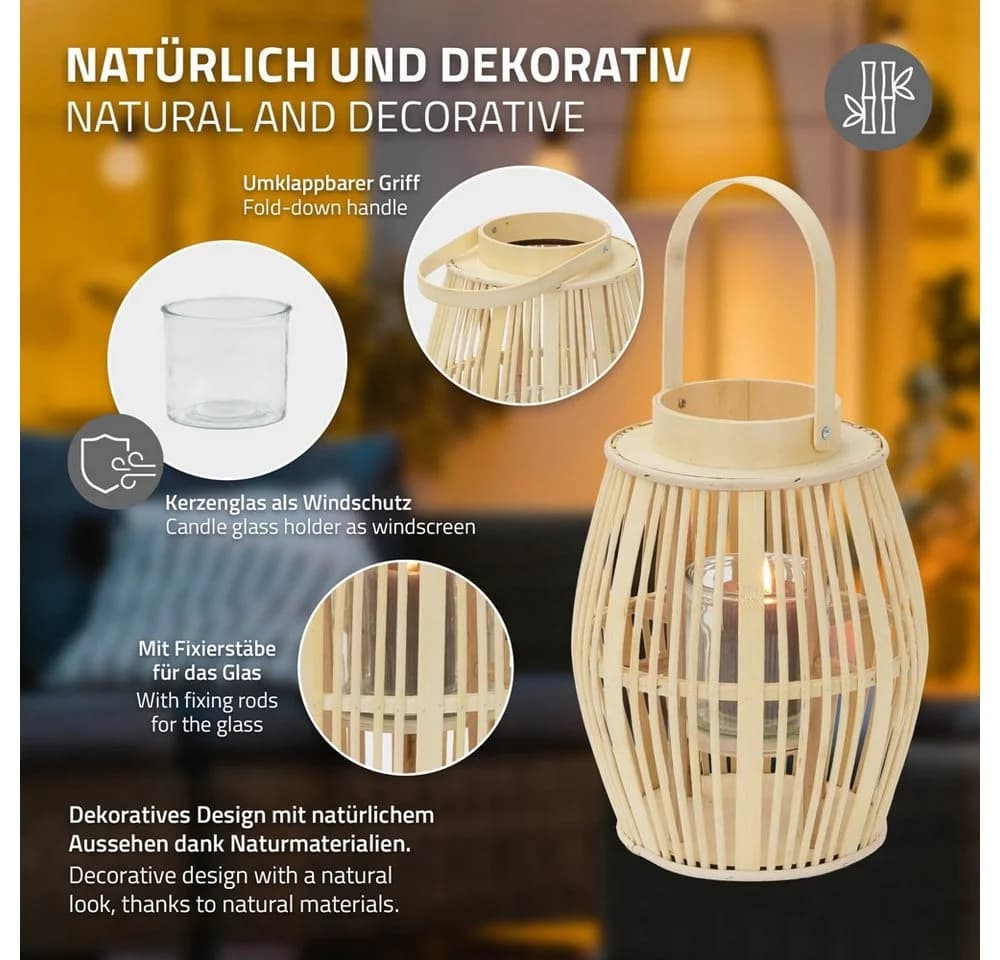 ECD Germany Boho Bambus Laterne Windlicht Holzfarbe Gartenlaterne Kerzenhalter - Bild 3
