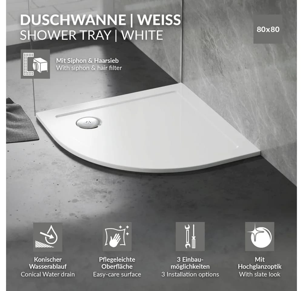 LuxeBath Duschwanne 80x80 cm Weiß Hochglanz SMC mit Siphon